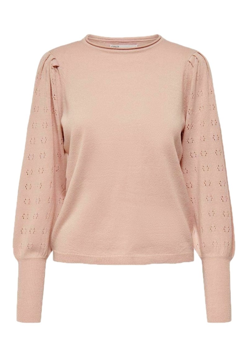 Suéter rosa claro con cuello redondo acanalado, que presenta mangas largas abullonadas y un patrón texturizado similar a encaje a lo largo de las mangas.