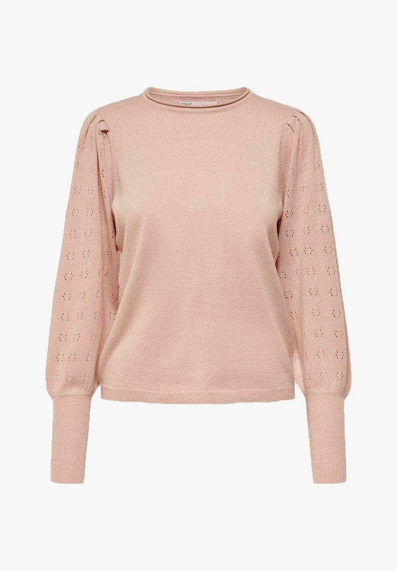 Suéter rosa claro con cuello redondo acanalado, que presenta mangas largas abullonadas y un patrón texturizado similar a encaje a lo largo de las mangas.