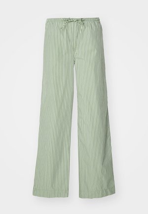 Green striped wide-leg pants with an elastic waistband and drawstring. Made from lightweight fabric, featuring vertical white stripes.