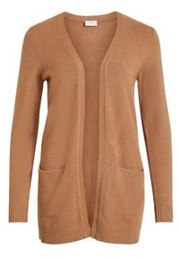 Cárdigan largo y abierto en un cálido color marrón claro. Hecho de una tela suave, cuenta con dos bolsillos frontales y puños y dobladillo acanalados.