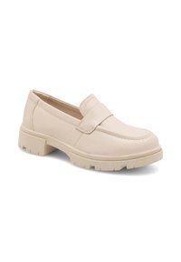 Béžové kožené loafers s okrúhlou špičkou a prešitým detailom. Hrubá, textúrovaná gumová podrážka poskytuje stabilitu a priľnavosť.