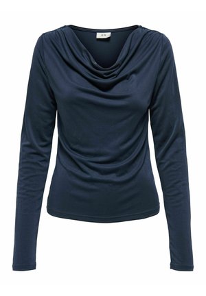 Marinebloed blouse met lange mouwen, voorzien van een gedrapeerde halslijn en een gladde, rekbare stof. Strakke pasvorm met een iets gebogen zoom.