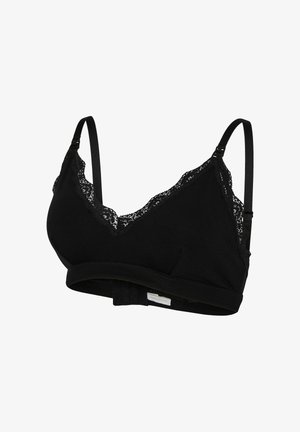Black soft-cup bra with adjustable straps, lace trim along the top edges, and a hook-and-eye closure at the back.