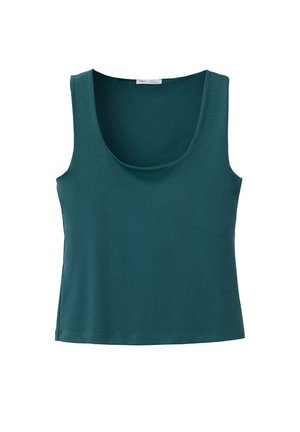 Ærmeløs teal tanktop med rund halsudskæring og lige søm, vist på hvid baggrund.