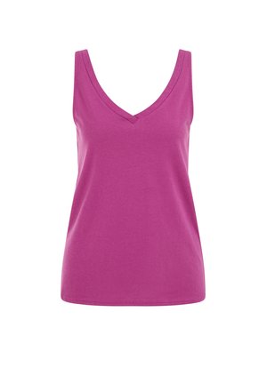 Canotta magenta senza maniche con scollo a V, realizzata in tessuto morbido e liscio.