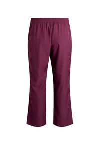 Pantalones burdeos con cintura elástica, confeccionados en tejido suave, que cuentan con un diseño de pierna recta y puños rematados.