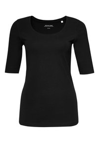 Black fitted short-sleeve women's T-shirt with scoop neckline and size tag inside collar.