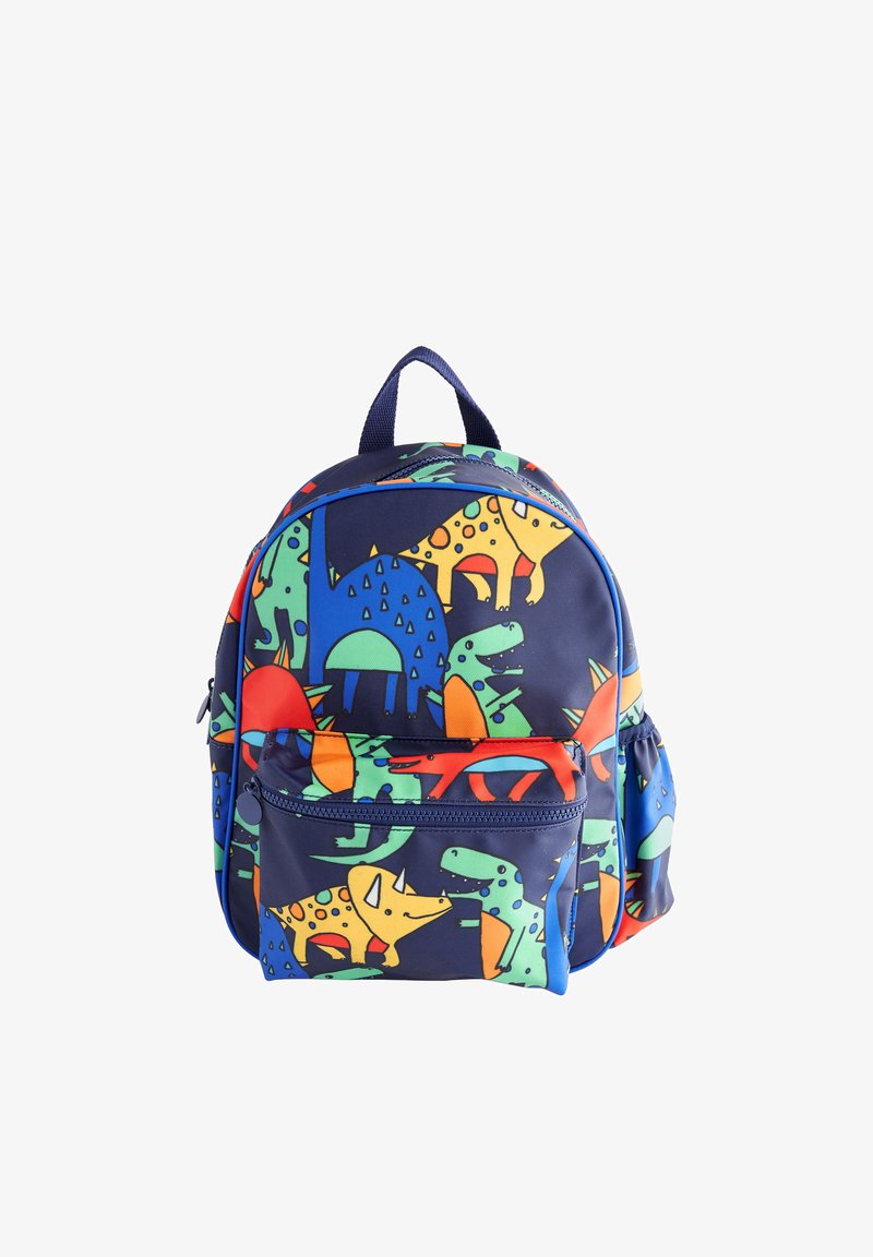 Tmavomodrý detský batoh s farebnými kreslenými dinosaurusmi v žltej, zelenej, modrej a oranžovej farbe, s predným vreckom so zipsom a horným úchytom.