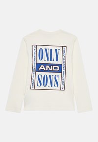 Kreemi pitkähihaine paita, jonka selässä on suuri sininen ja ruskea suorakulmainen grafiikka, jossa lukee "ONLY AND SONS" ja "ONLY & SONS SINCE 2013".