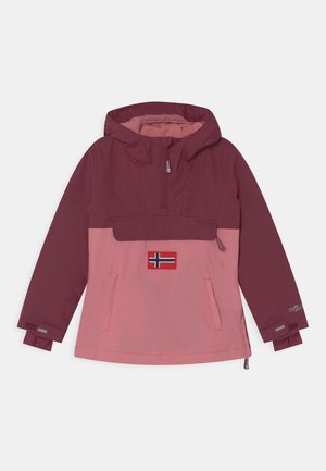 Maroon and pink lightweight jacket with a hood, featuring a front pocket, Norwegian flag patch, and elastic cuffs for a secure fit.