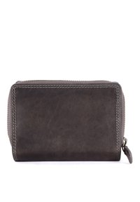 Läderplånbok i mörkgrått med en slät yta. Har kontrasterande vit sömnad och dragkedjestängning. Kompakt rektangulär form.