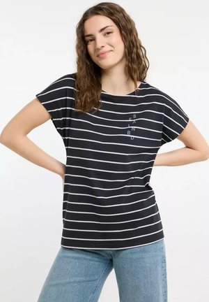 Schwarz-weiß gestreifiertes T-Shirt mit kurzen Ärmeln und lockerer Passform, mit einem kleinen Grafikdruck auf der linken Seite in der Nähe der Brust.