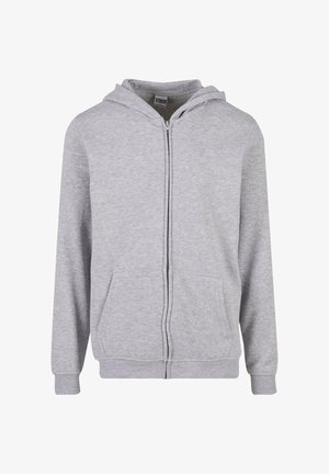 Grau Zip-Hoodie aus weichem Baumwollmix, mit einem vorderen Reißverschluss, zwei seitlichen Taschen, elastischen Bündchen und einer Kapuze mit Kordelzug.