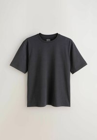 T-shirt gris foncé uni à manches courtes et col rond, coupe régulière, présenté sur un fond gris clair.