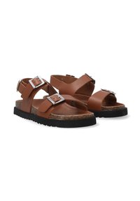 Braune Ledersandalen mit zwei verstellbaren Riemen, silbernen Schnallen, Kork-Fußbett und strukturiertem schwarzen Gummisohle. Offene Zehen-Design.