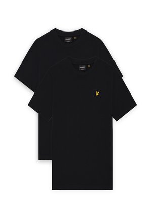 Deux t-shirts noirs unis à manches courtes et col rond, l'un superposé derrière l'autre, avec un petit logo d'oiseau jaune sur la poitrine avant.