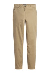 Beige katoenen chinos met een recht gesneden ontwerp, voorzien van een knoopsluiting, riemlussen en zijzakken, met een gladde textuur.