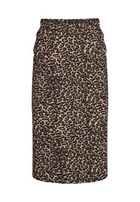 Jupe crayon imprimée léopard en tissu extensible, avec une taille élastique et une silhouette ajustée. Les couleurs sont beige et noir.