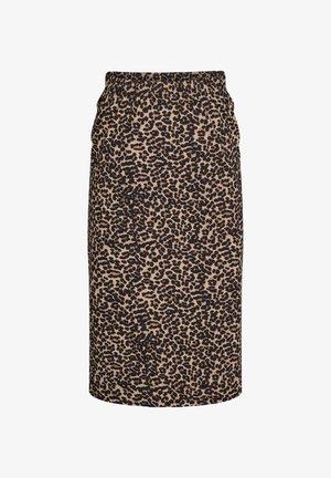 Leopardi mustriga pliiatsiseeliku, mis on valmistatud venivast kangast, millel on elastne vöökoht ja kleituv siluett. Värvid on beež ja must.