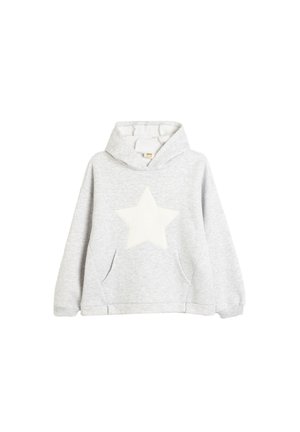 Gray hoodie with a large white star on the front. Features a pouch pocket, long sleeves, and a drawstring hood. Cotton blend fabric.