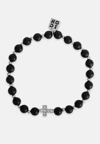 Brăță din mărgele negre, cu accente de argint și un centru în formă de cruce împodobit cu cristale. Include un mic eticheta metalică.