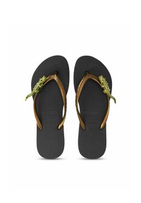 Black flip-flops with textured rubber soles, featuring bronze-colored straps and a green, detailed lizard accent on the right strap.