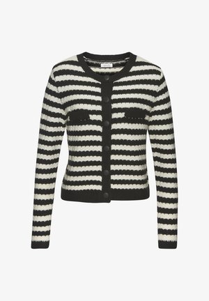 Mustvalge triibuline kardigan, millel on tekstuuriga kudumine, ümar kaelus ja nööbiga sulgemine. Omab kahte rinna taskut ja pikki varrukaid.