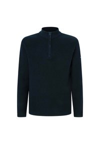 Navyfarbener strukturierter Pullover mit einem Viertel-Reißverschluss, langen Ärmeln und gerippten Bündchen, der ein dezentes Markenlogo am Ärmel trägt.