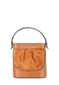 Bruine leren en suède handtas met een gladde textuur, ronde handgreep en geplooide details aan de voorkant. Compacte, vierkante vorm.