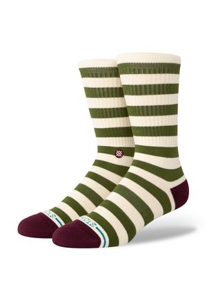 Striped socks with olive green and cream alternating stripes, featuring maroon accents at the toe and a small logo detail.