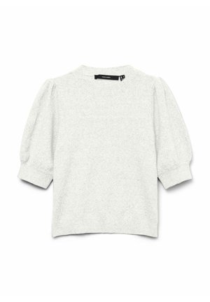 Lysegrå strikket sweater med korte puffærmer og rund hals. Har en blød tekstur og ribbede manchetter.