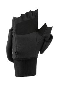 Black fleece half-finger gloves with a ribbed cuff, reinforced palm area, and a zipper pocket on the side for storage.