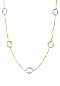 Collar de cadena de oro y plata con eslabones ovalados, de colores alternos. Textura suave, diseño sencillo, con cinco eslabones distintos espaciados uniformemente.