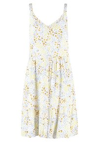 Blommig sommarklänning med justerbara tunna axelband, V-ringning, ljusblå bakgrund, gula och bruna blomster mönster samt en flerskiktad kjol.