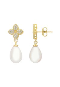 Gold earrings with a floral design and sparkling clear stones, featuring a white teardrop pearl hanging from the flower-shaped accent.