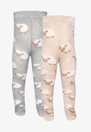 To par med barnevennlige leggings i lys grå og beige, med myke sauemønster i hvitt og brunt, i teksturert strikket stoff.