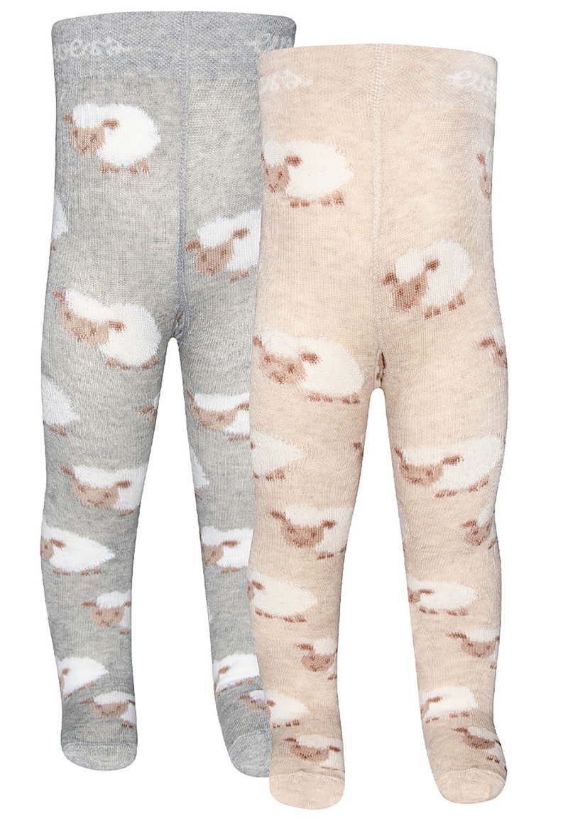 Due paia di leggings per bambini in grigio chiaro e beige, caratterizzati da morbidi motivi di pecore in bianco e marrone, realizzati in un tessuto a maglia testurizzato.