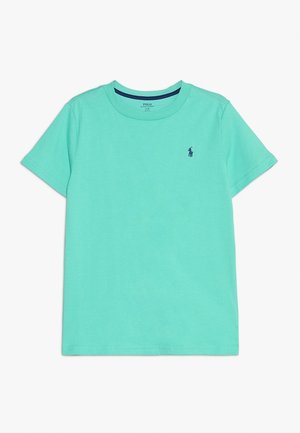 Lysegrøn kortærmet t-shirt lavet af bomuld, har rund halsudskæring og et lille marineblå logo på brystet. Glat tekstur.