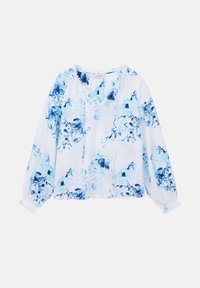 Blusa bianca con motivo floreale blu, maniche lunghe a sbuffo, scollatura a V e dettagli arricciati sui polsini e sulle spalle. Tessuto leggero.