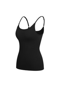 Czarny top na ramiączkach z cienkimi, regulowanymi paskami, wykonany z gładkiej tkaniny. Posiada dopasowany krój i okrągły dekolt, bez żadnych zdobień.