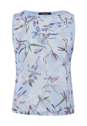 Ärmellose hellblaue Bluse aus transparentem Stoff mit einem detaillierten floralen Muster in den Farbtönen Lila, Weiß und Grün.