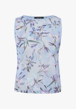 Sleeveless light blue blouse with a sheer fabric and a detailed floral pattern in shades of purple, white, and green.