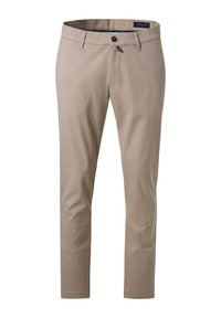 Beige maßgeschneiderte Hose aus einem glatten Baumwollgemisch, mit flachem Vorderteil, Gürtelschlaufen und einem einzigen Knopfverschluss. Keine sichtbaren Muster oder Logos.