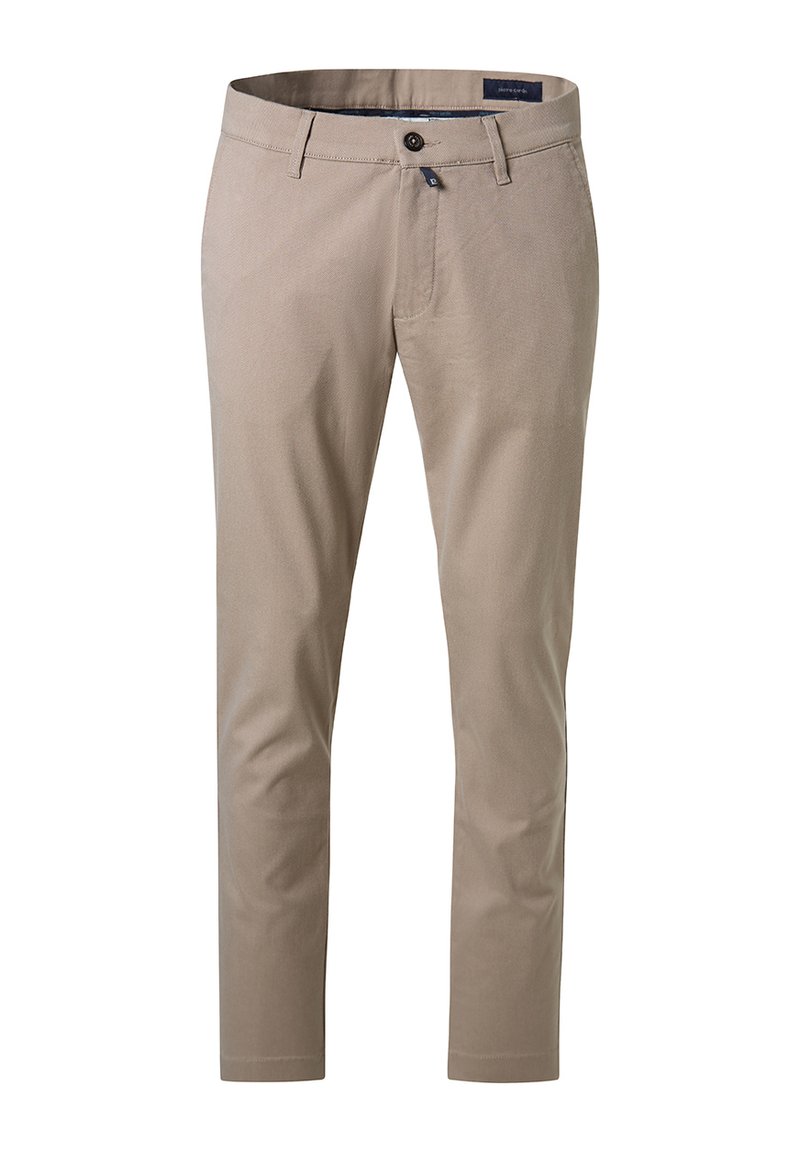 Beige maßgeschneiderte Hose aus einem glatten Baumwollgemisch, mit flachem Vorderteil, Gürtelschlaufen und einem einzigen Knopfverschluss. Keine sichtbaren Muster oder Logos.