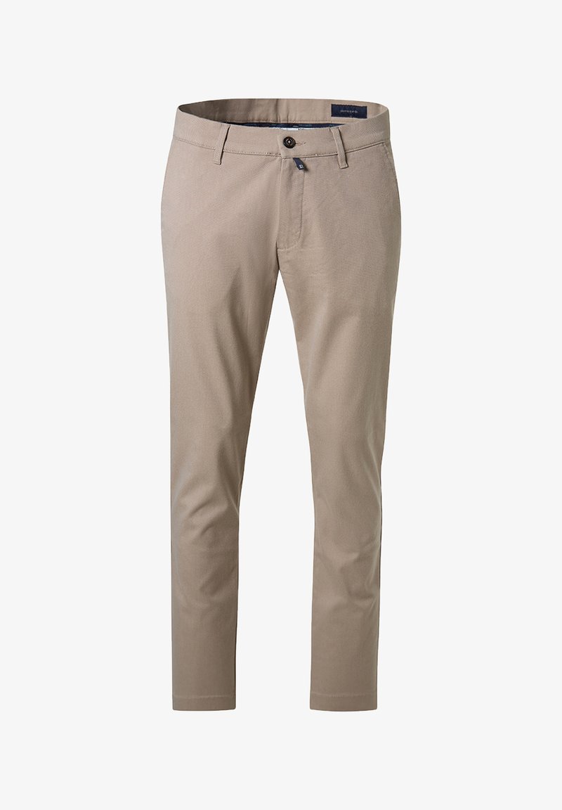 Pantalons ajustés beiges en mélange de coton lisse, avec une taille plate, des passants de ceinture et une fermeture à bouton unique. Pas de motifs ni de logos visibles.