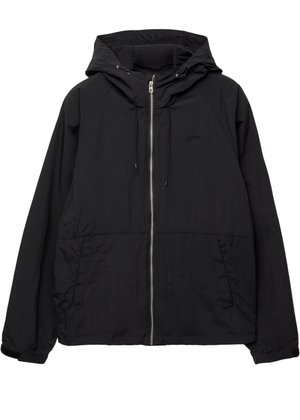 Zwarte hoodie met een rits aan de voorkant, elastische manchetten en twee zijzakken. Gemaakt van lichtgewicht materiaal met een gladde textuur.