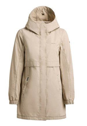 Bézs hosszú parka kabát kapucnival, elől cipzár, ami egy fedél alatt rejtett, rugalmas passzék a mandzsettákon, és két cipzáras oldalzseb.
