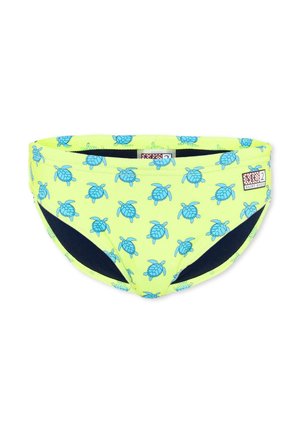 Slip da bagno giallo neon con molte piccole stampe blu di tartarughe marine e una toppa con il logo Saint Barth sul lato destro.
