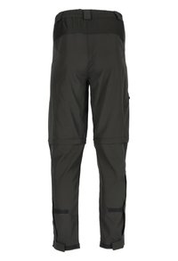 Mustat vaellushousut, joissa on joustava vyötärö, cargo-taskut ja tarranauhat nilkoissa. Valmistettu kestävästä, kevyestä kankaasta.