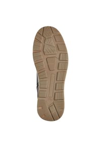Semelle de chaussure en caoutchouc texturé en tan et marron avec un motif de bande de roulement pour l'adhérence. Comprend des sections et des rainures définies pour une traction accrue.